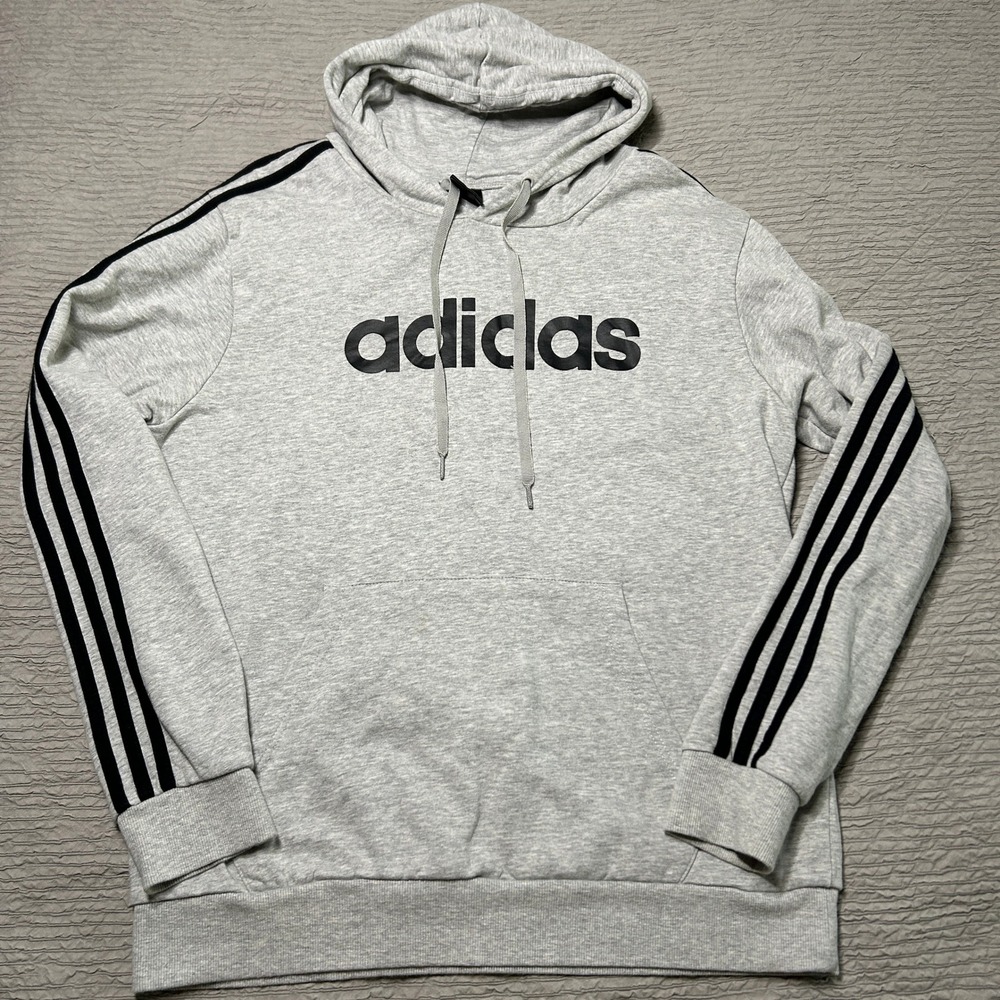 Adidas Mens Essentials 3-Stripes Pullover Hoodie Heather Grey DU2040 Large